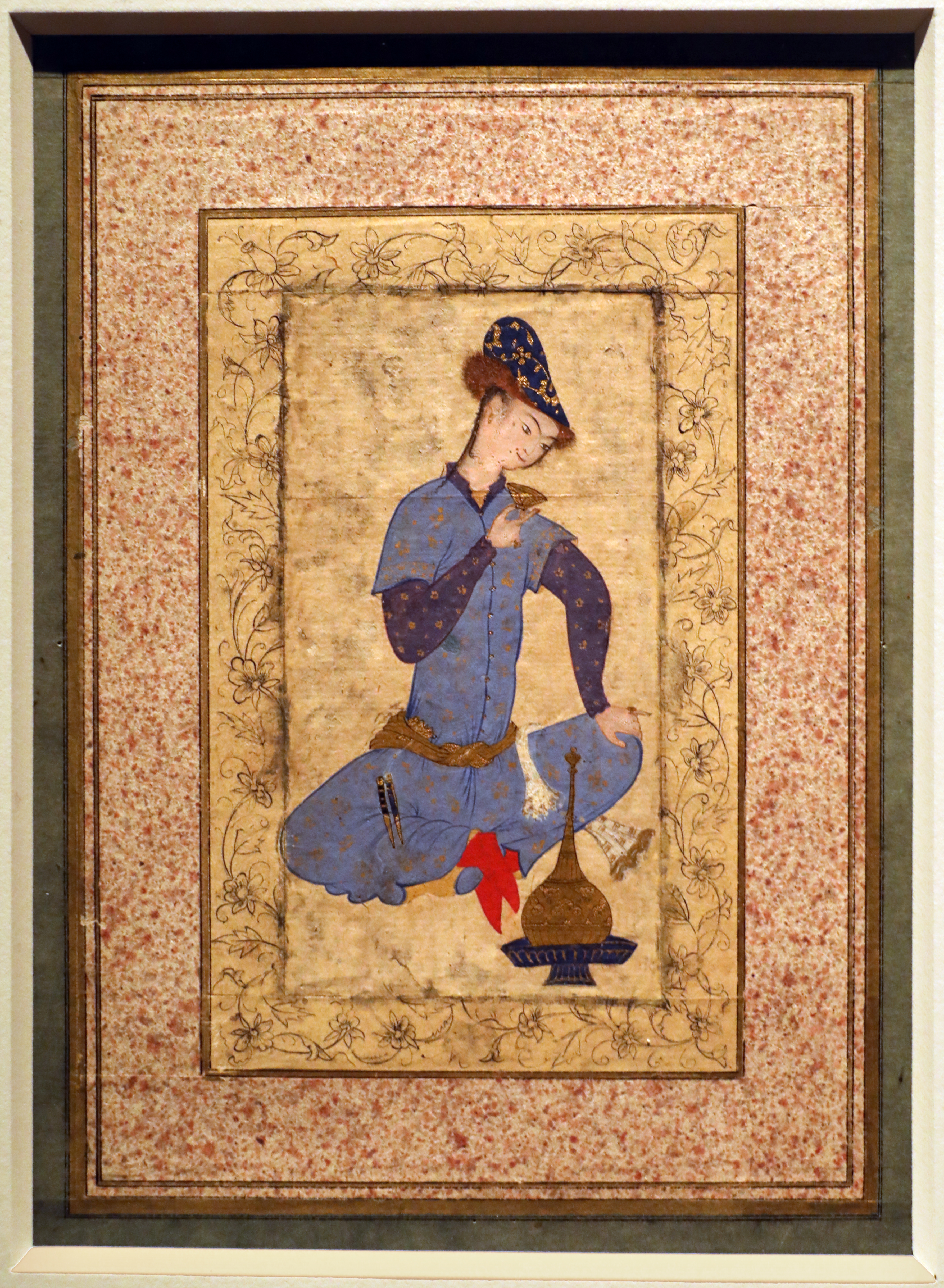 Mirza 'ali (attr.), giovane seduto con abito a mniche corte, mashhad 1570-75 ca