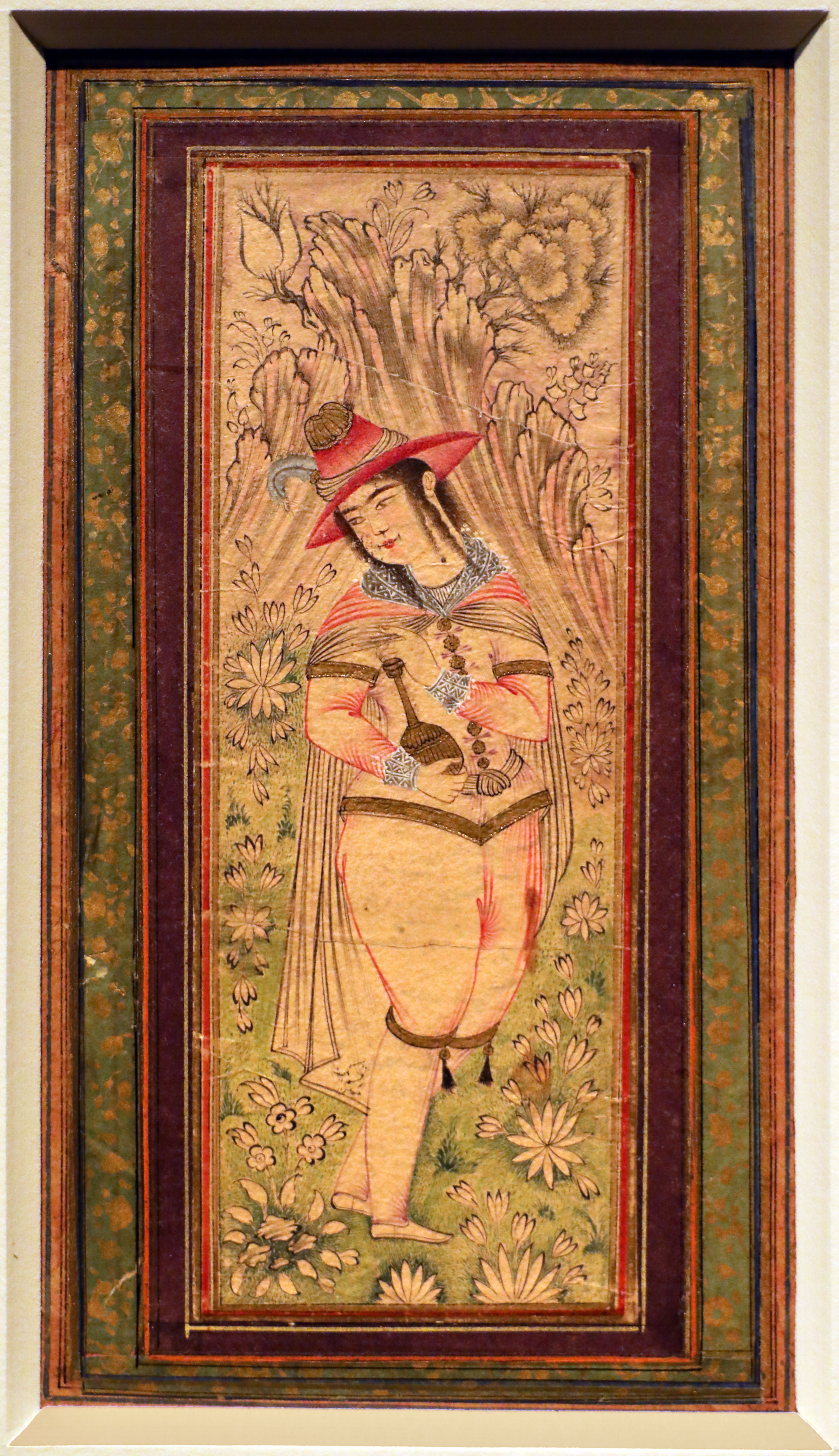 Muhammad mu'min (attr.), giovane alla moda indossante abiti e cappello all'europea, isfahan 1650 ca