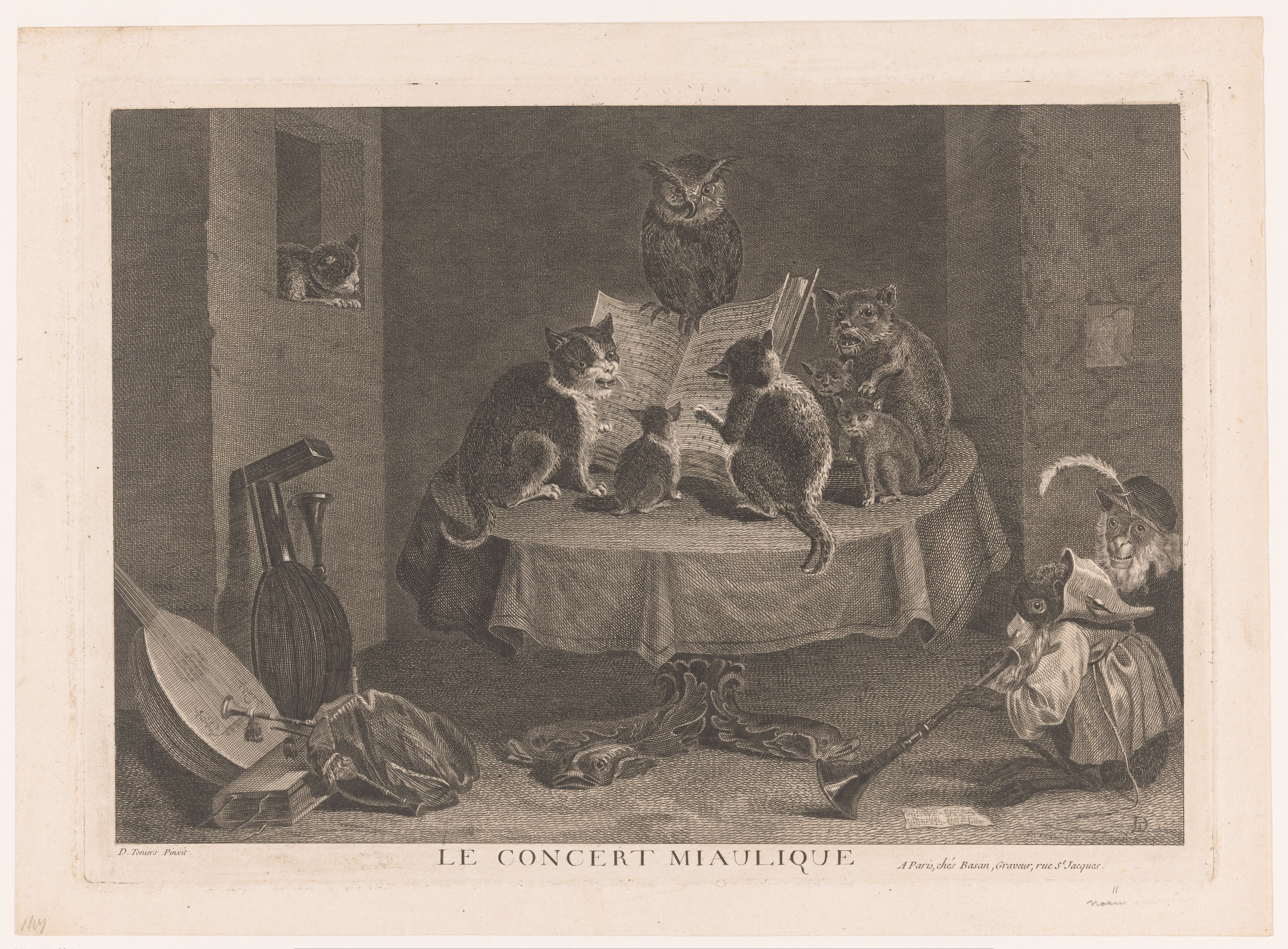 Zingende katten gedirigeerd door een uil