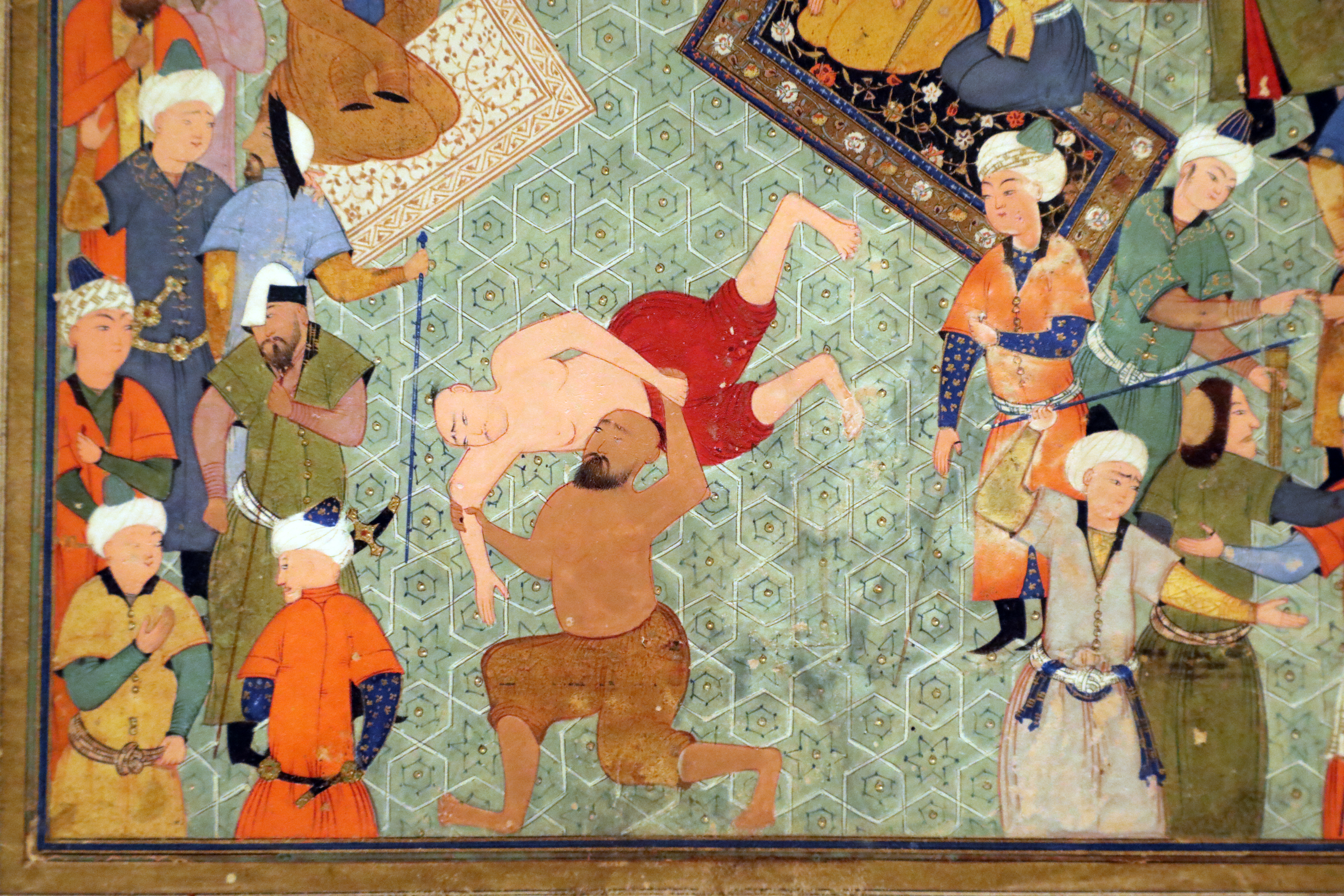 Mahmud muzahhib, illustrazione del gulistan di sa'di, bukhara 1560-61, il maestro di lotta sfidato dal suo allievo 02