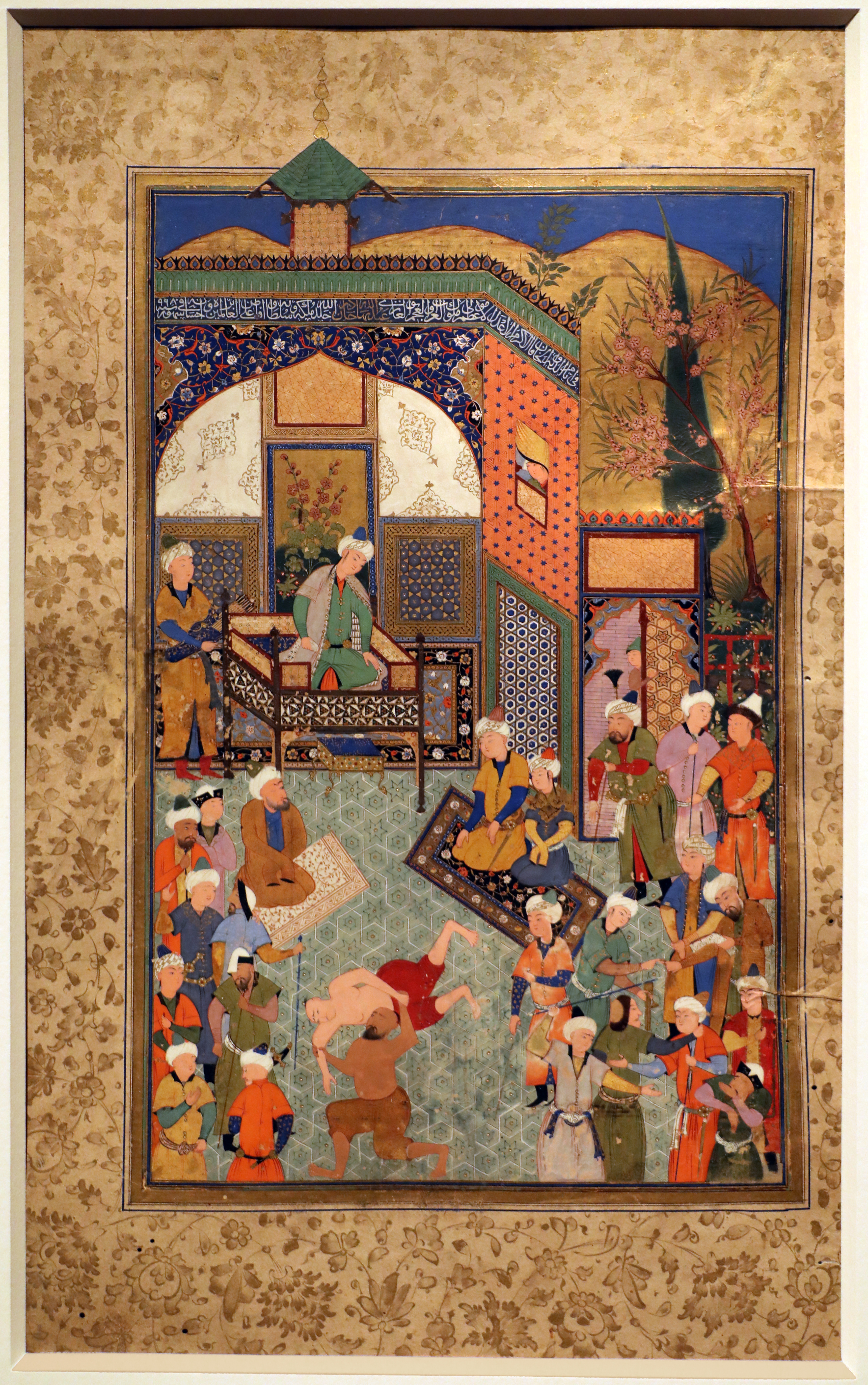 Mahmud muzahhib, illustrazione del gulistan di sa'di, bukhara 1560-61, il maestro di lotta sfidato dal suo allievo 01